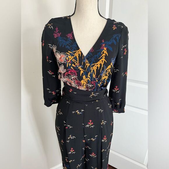 Anthropologie Feather Bone Black Printed Jumpsuit Size 0 - Picture 2 of 9